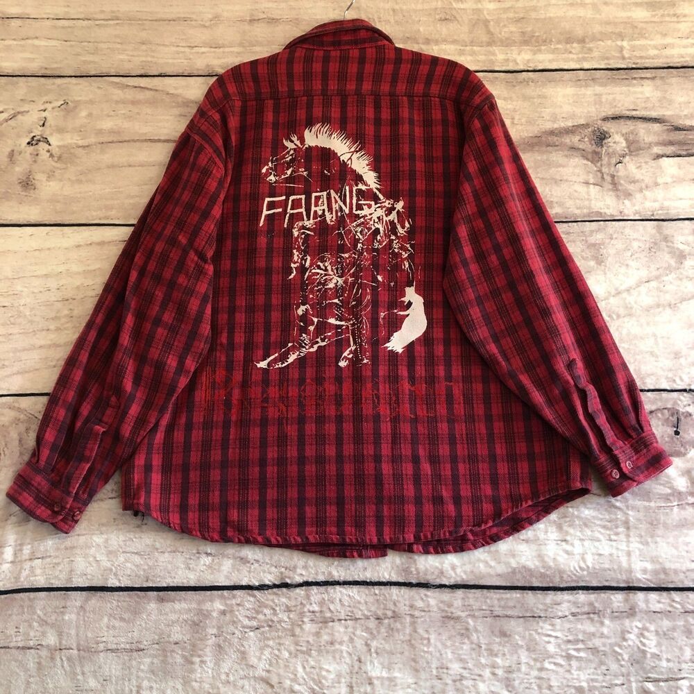 Vtg Carhartt Flannel Shirt Mens XL Red Black Plaid Shacket Workwear Back Art 90s